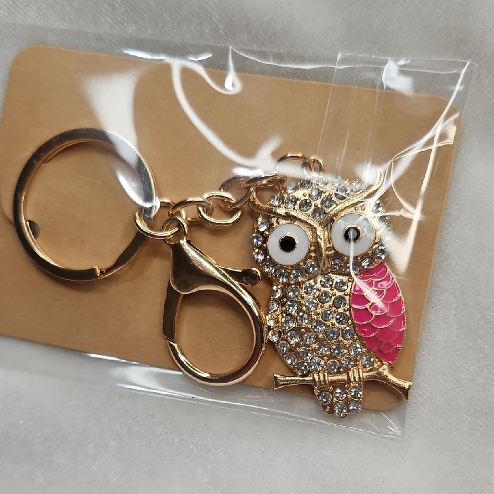 Ladies Bag Charm Keychain Rhinestone Pink Owl Rhinestones Crystals Gold Tone